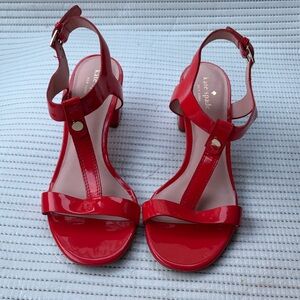 kate spade Red Patent T-Strap Low Block Heel Sandals